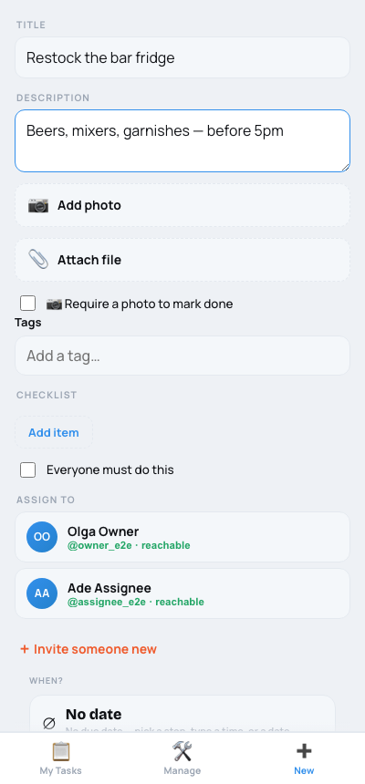 Create-task screen with assignee picker, due date, proof toggle and checklist