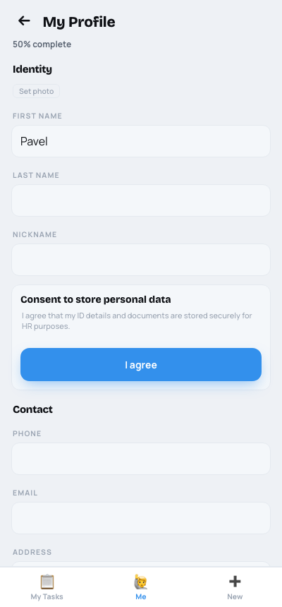 Worker profile self-edit with consent