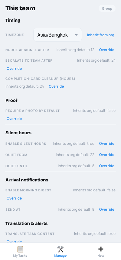 Team settings panel