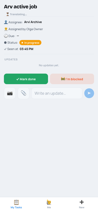 Task detail with Mark done and I'm blocked actions